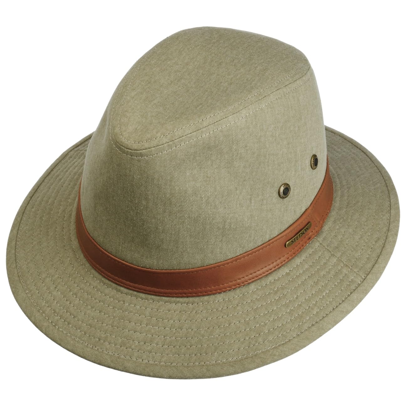 Stetson cotton traveller hat olive, side view showing ventilation eyelets and casual silhouette