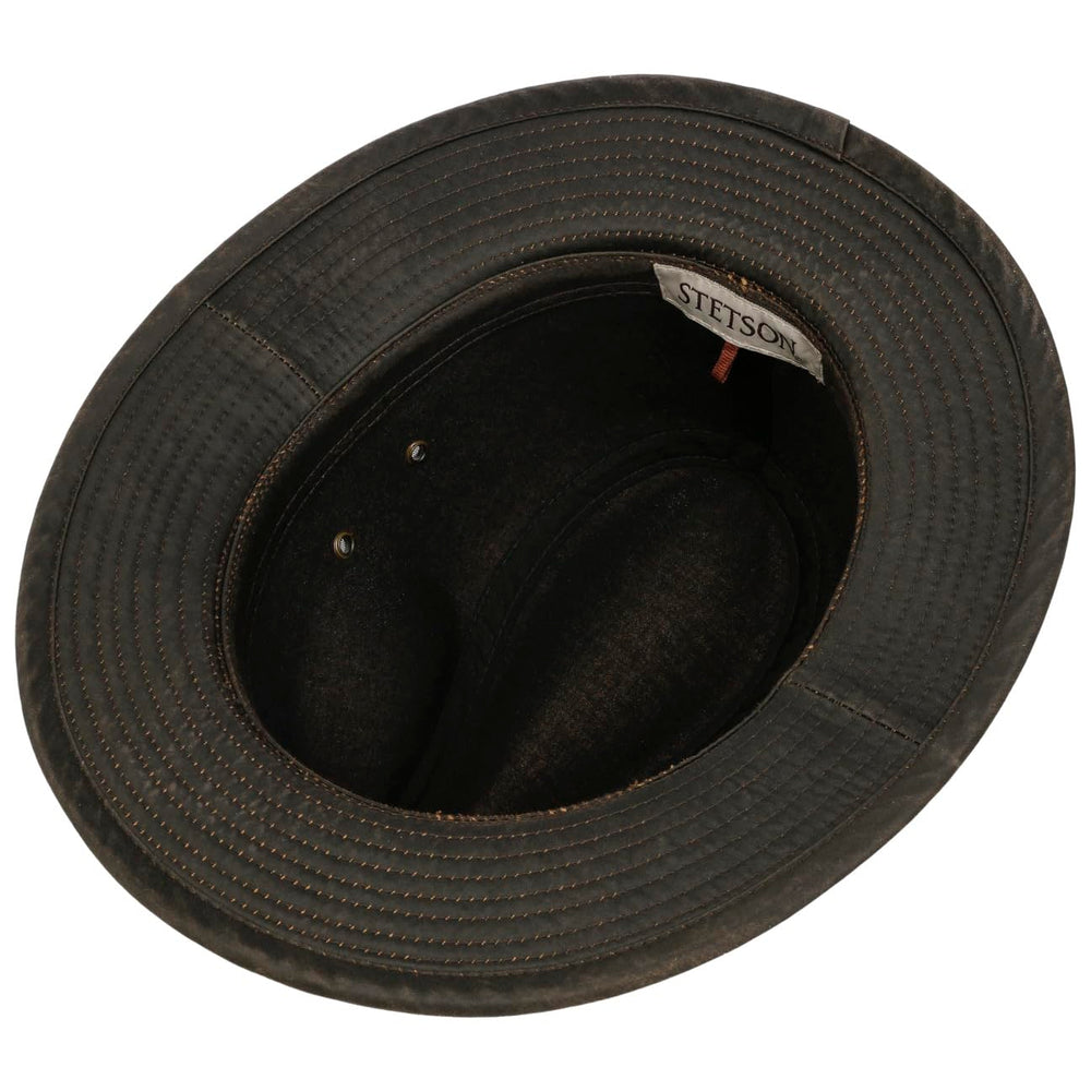 Stetson Sri Lanka Traveller hat close-up of aged finish and stitched seams.