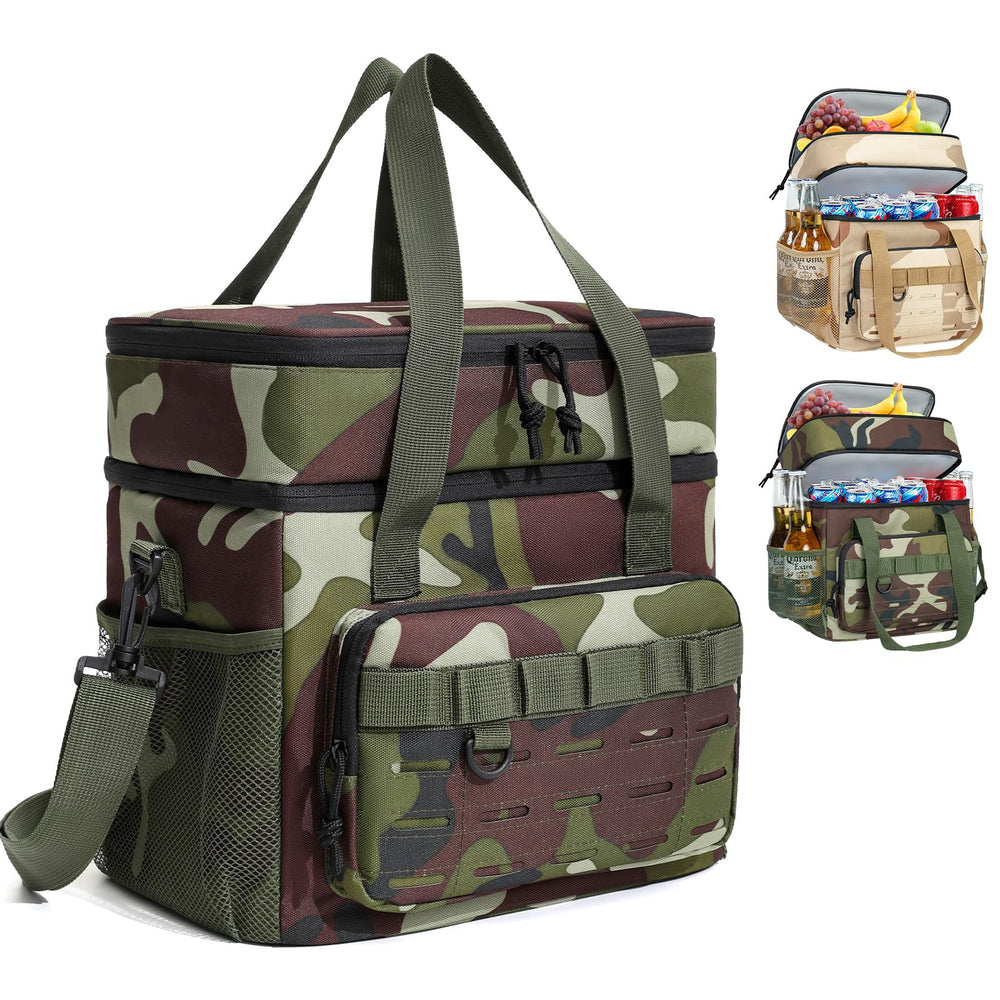 Stillithou backpack cooler front view in camouflage green keeps drinks cool.