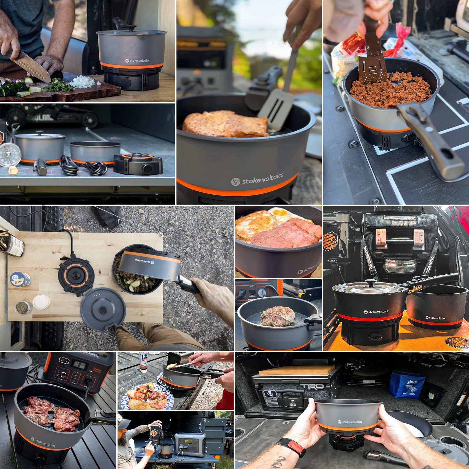 Stoke Voltaics Nomad in-use setup demonstrates adjustable power for diverse cooking tasks.