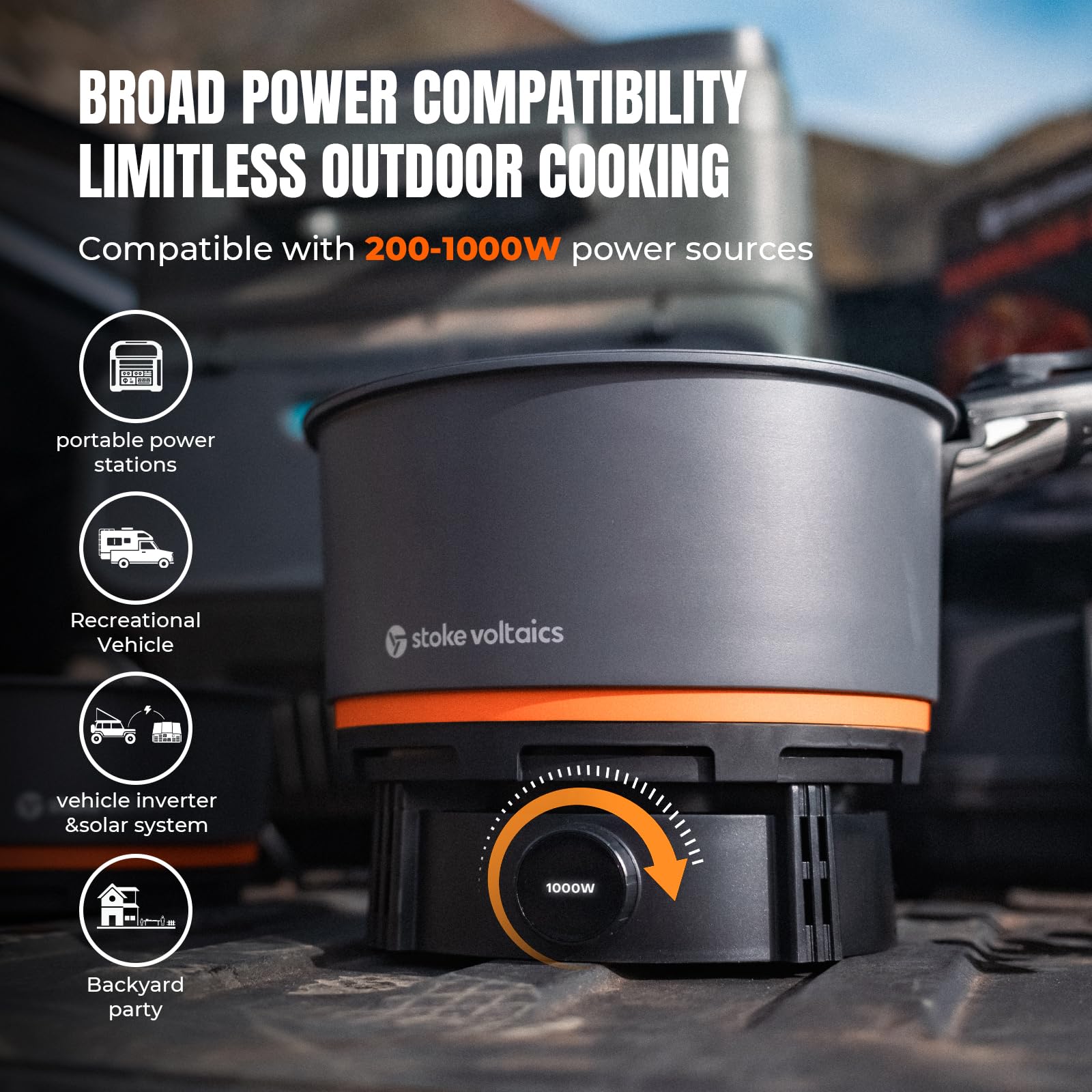 Stoke Voltaics Nomad pot bubbling gently for even outdoor heating of stews and pasta.