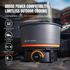 Stoke Voltaics Nomad pot bubbling gently for even outdoor heating of stews and pasta.