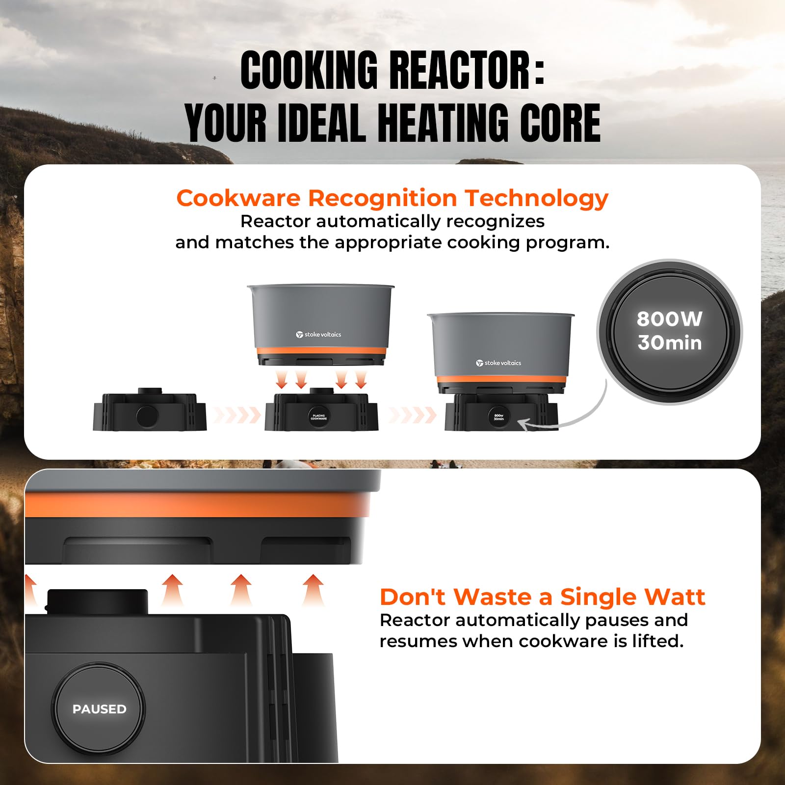 Stoke Voltaics Nomad windproof heat keeps meals consistent in breezy outdoor conditions.