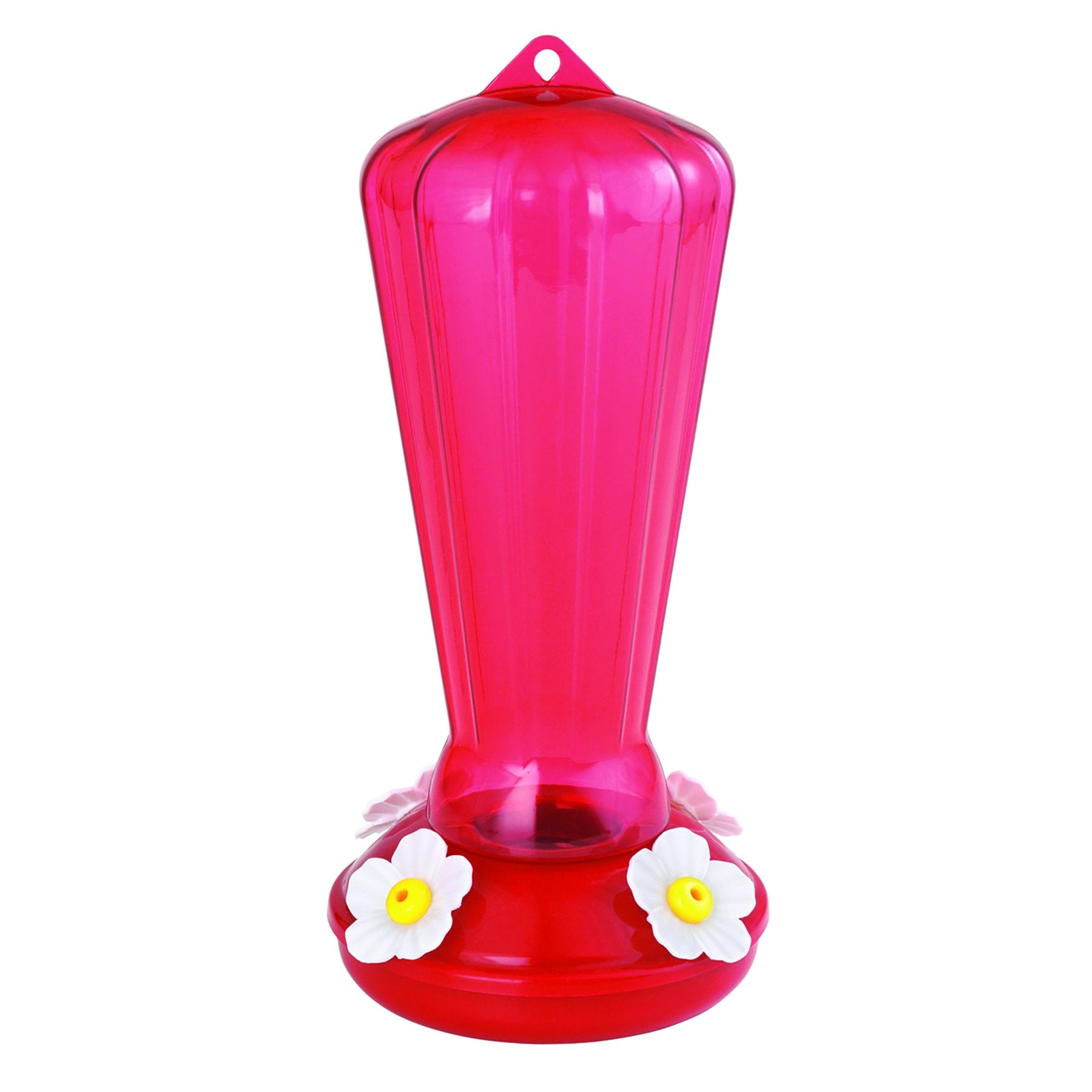 Stokes Select Hollyhock hummingbird feeder with a red bottle attracts hummingbirds
