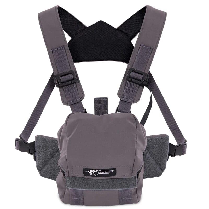 Stone Glacier Sentinel Bino Harness with adjustable front hood for a secure optics fit in rugged backcountry.