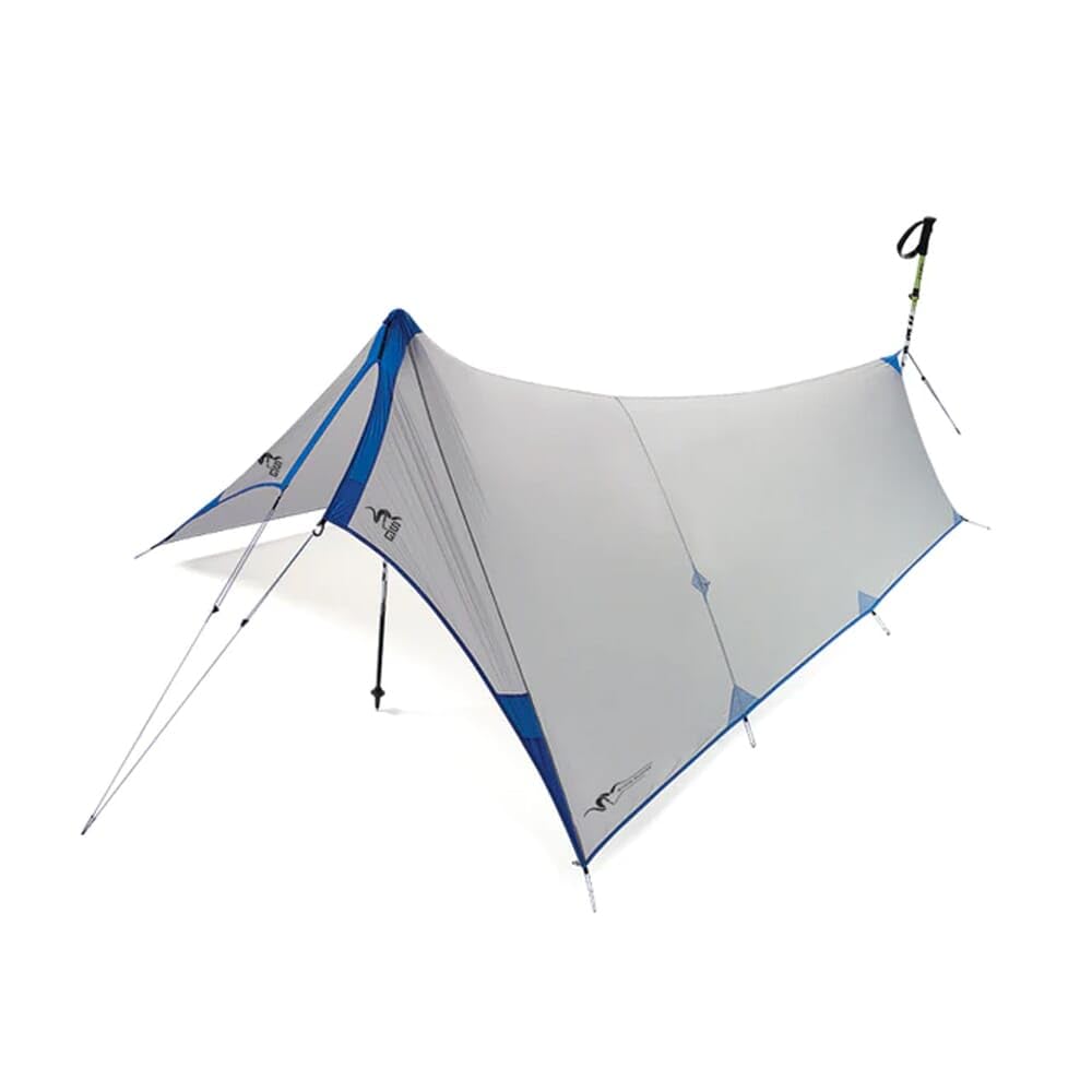 Stone Glacier SkyAir ULT 1P Stone Grey tarp setup demonstrates pole-free pitching for rugged backcountry shelter.