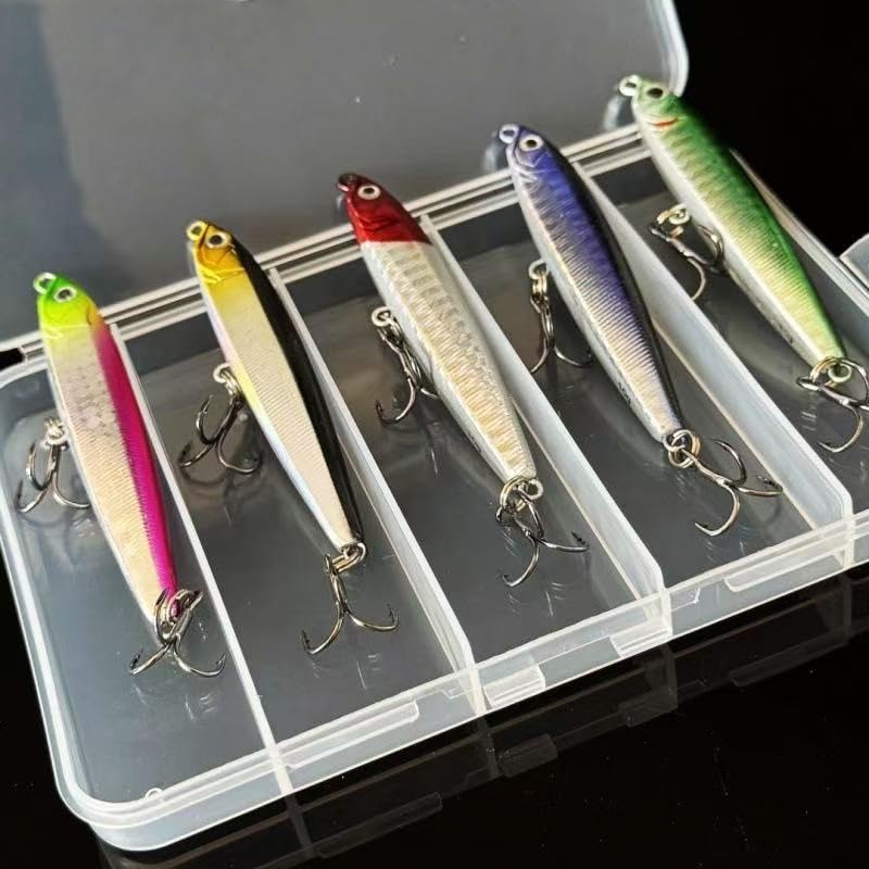 Vibrant assortment of five lures laid out for display