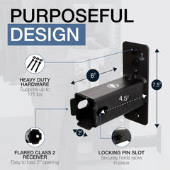 StoreYourBoard hitch wall mount demonstrates 175-lb capacity for racks.