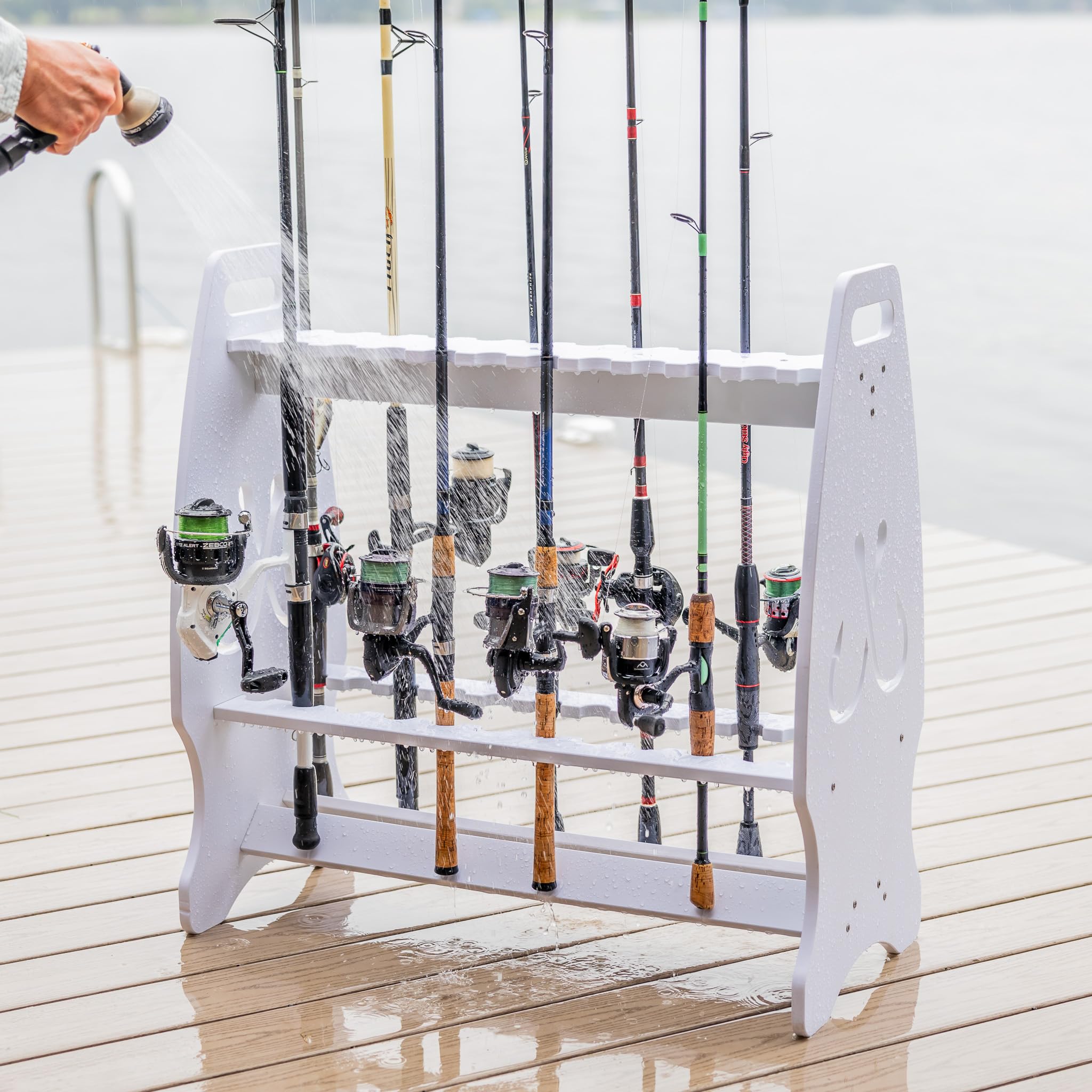 Marlin Fishing Pole Rack shown freestanding in a garage