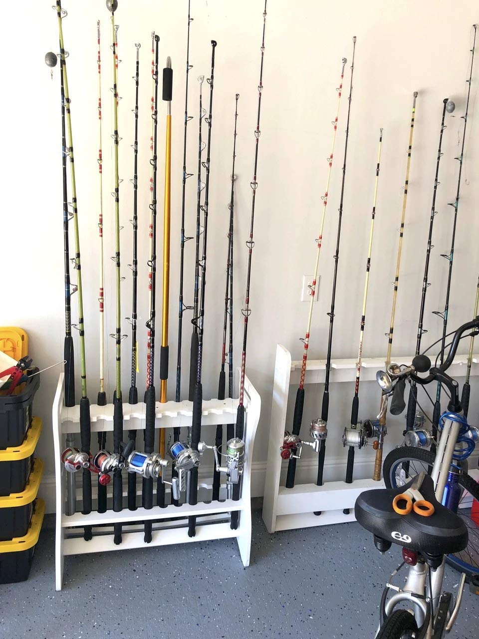 Weather-resistant outdoor fishing rod storage for garage or dock