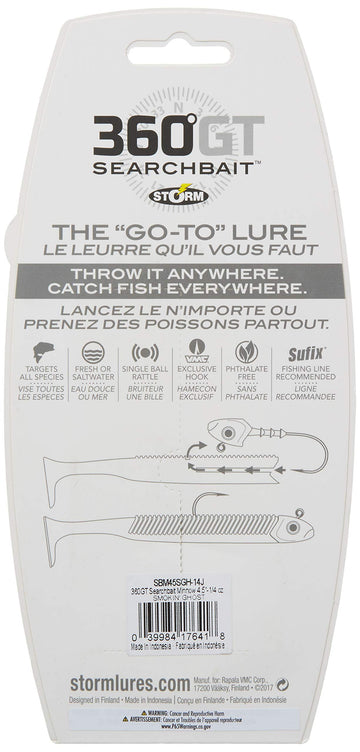 Storm 360GT Minnow Smokin' Ghost held in hand with rigged lure.