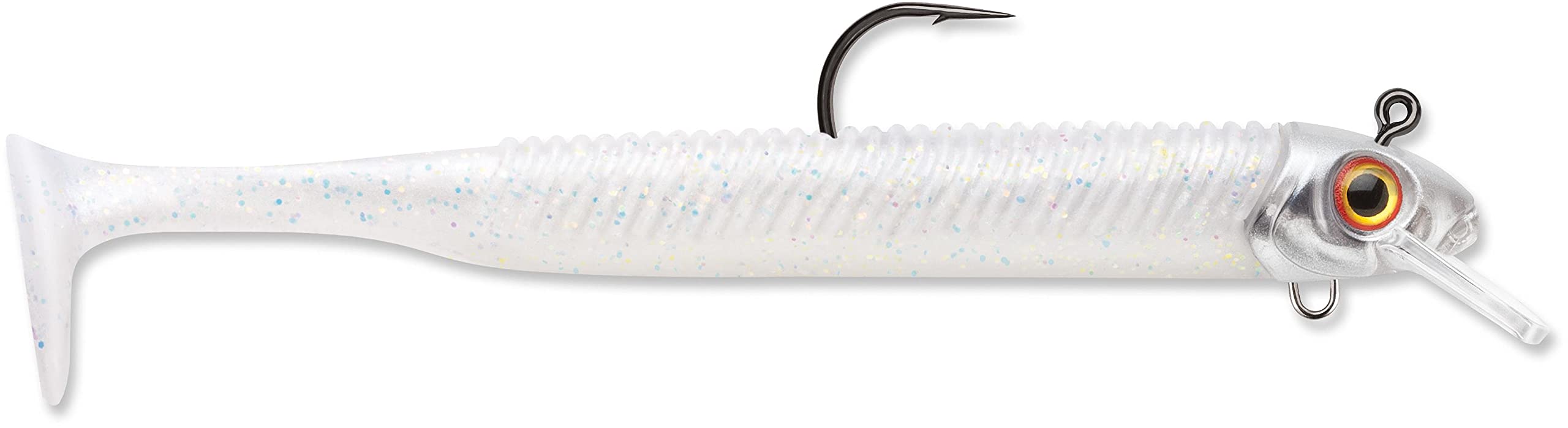 Storm 360GT Swimmer Pearl Ice lure close-up shows realistic tail action for anglers.