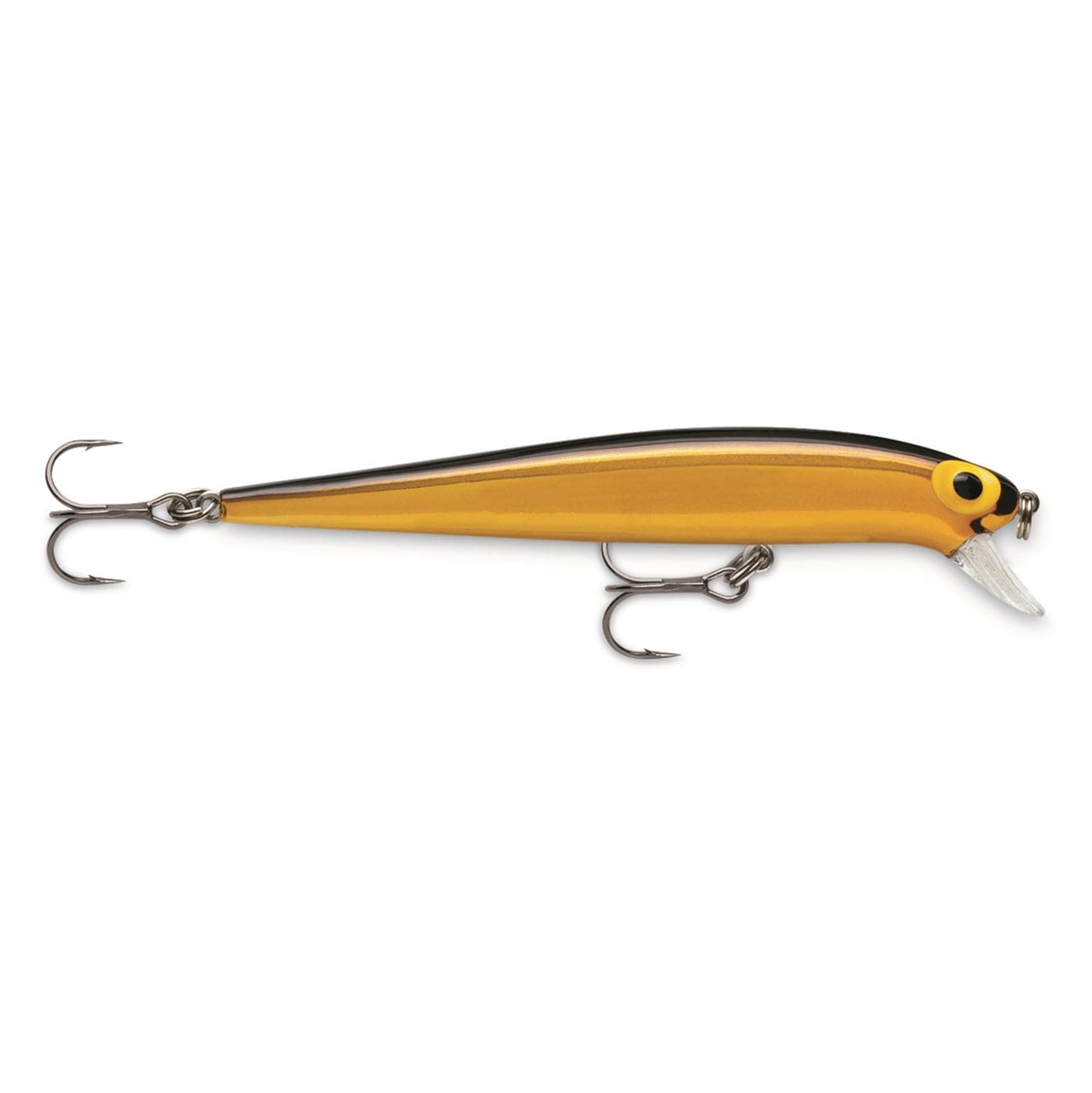 Storm Original ThunderStick close-up, metallic yellow back, showcasing rattles and rugged VMC hooks