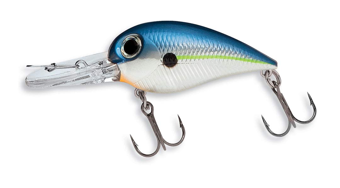 Storm Wiggle Wart MadFlash 2inch blue lure boosts visibility in murky water.