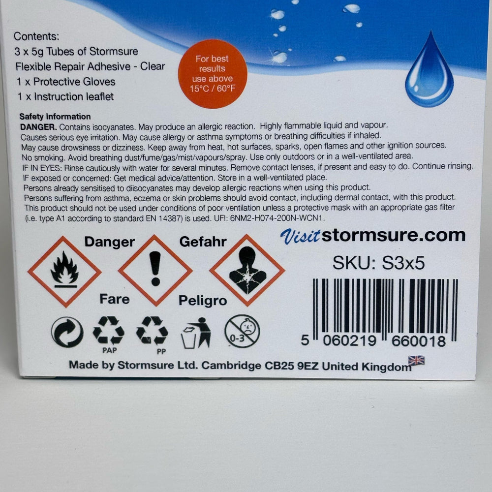 Stormsure clear drying adhesive dries invisibly on gear.