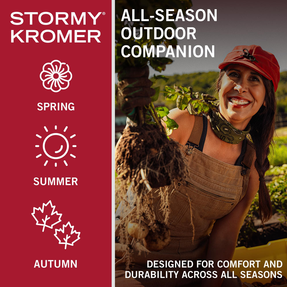 Stormy Kromer field cap pulldown-earband view, highlighting wind protection and adjustable warmth.