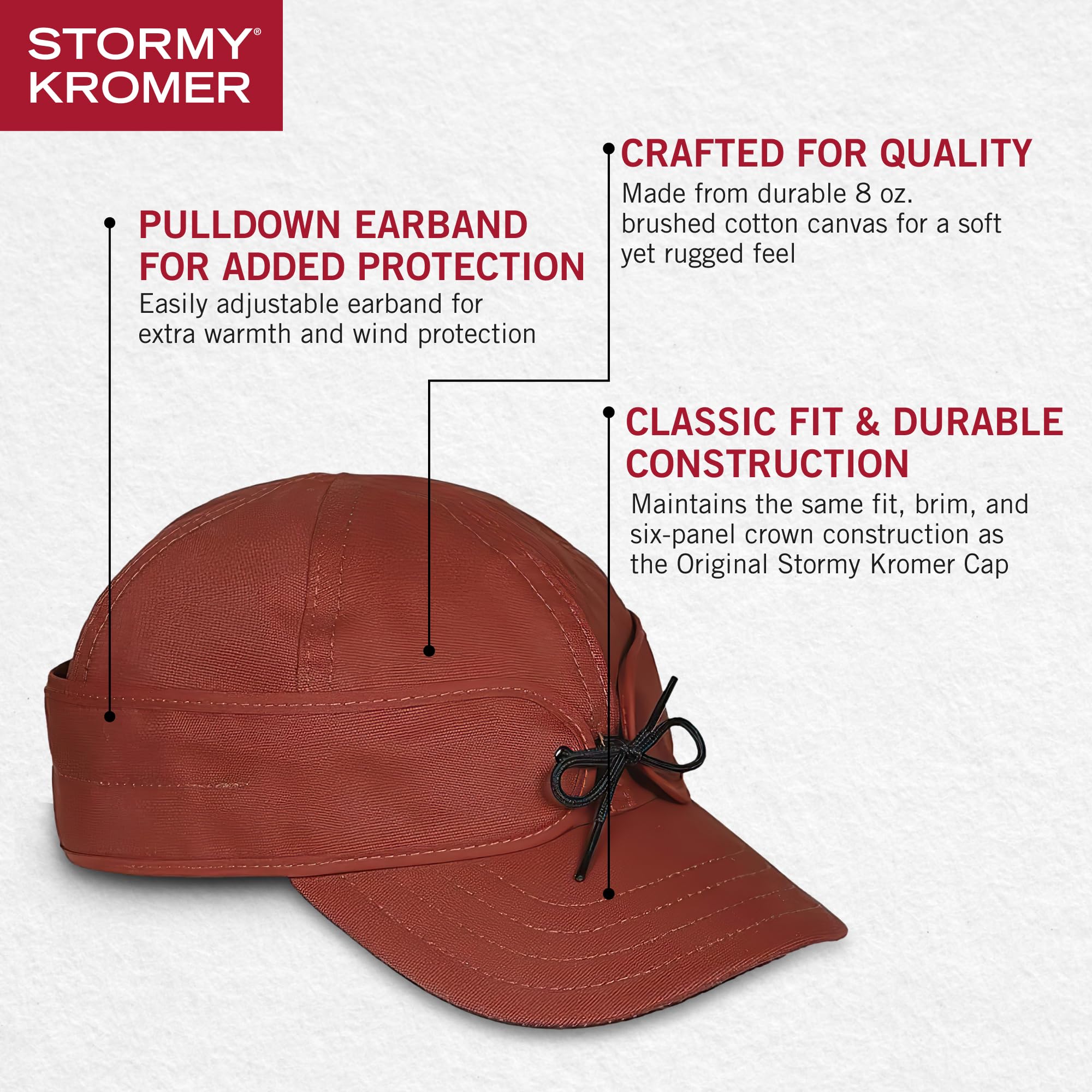 Stormy Kromer field cap US-cut-sewn angle, underscoring American craftsmanship and lifetime durability.