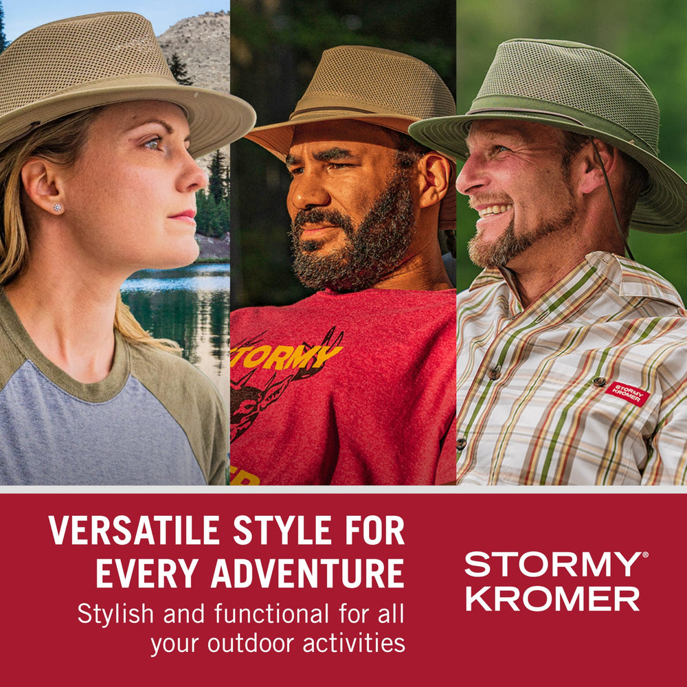 Leather chin cord on Stormy Kromer Mesh Hiker Hat with 2.5 inch brim