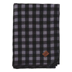 Stormy Kromer plaid wool blanket in black and gray, cozy warmth.