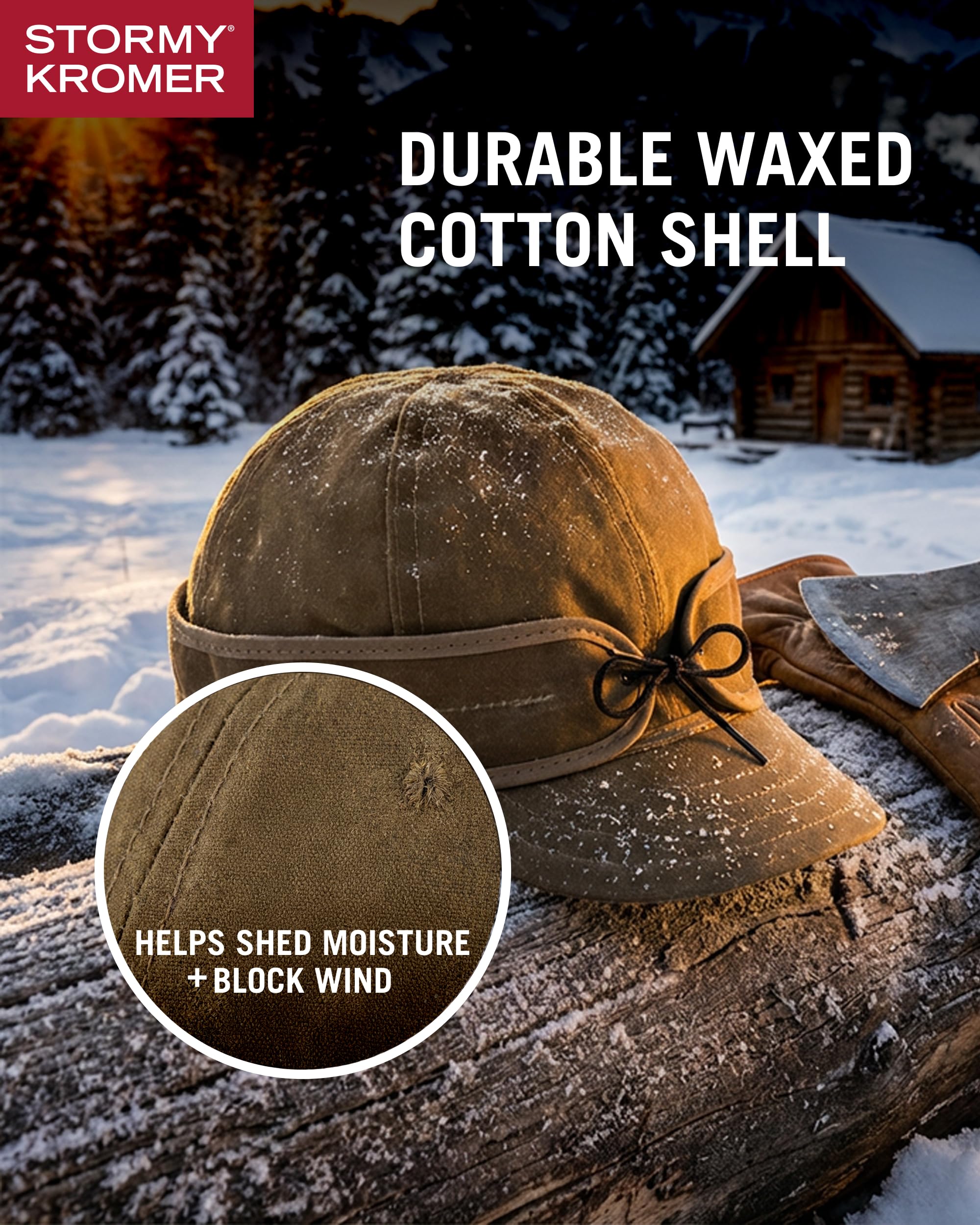 Stormy Kromer cap pulldown earband detail enhances wind protection