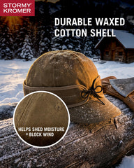 Stormy Kromer cap pulldown earband detail enhances wind protection