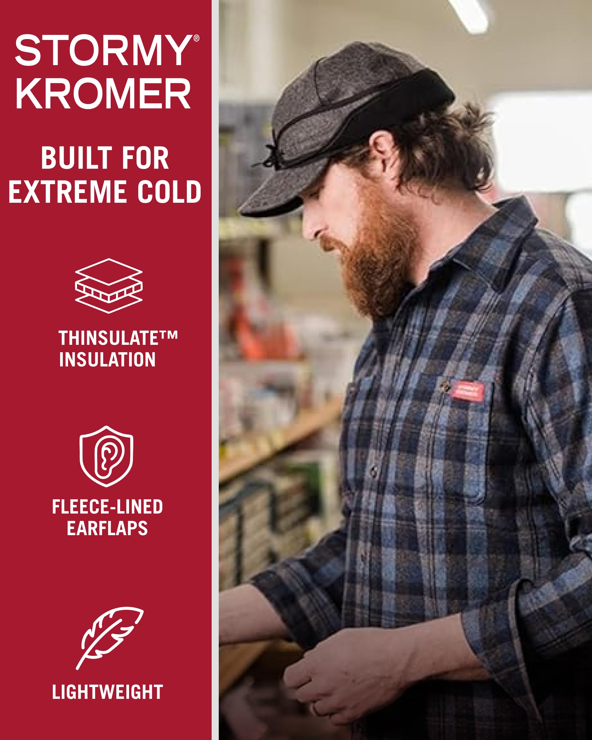 Stormy Kromer Rancher Cap fleece-lined earflaps shield ears in blowing snow