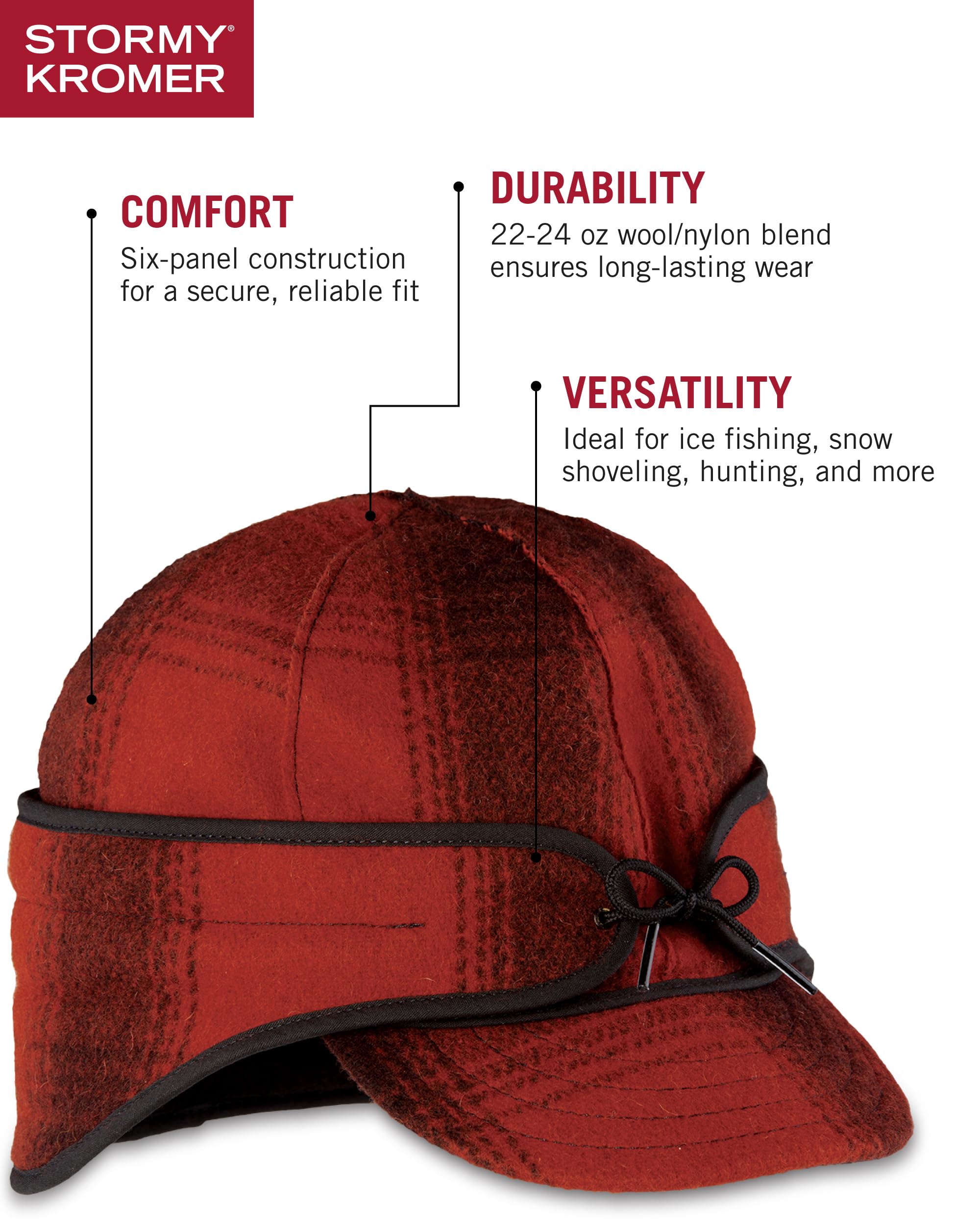 Stormy Kromer Rancher Cap red plaid adds classic outdoor style with reliable warmth