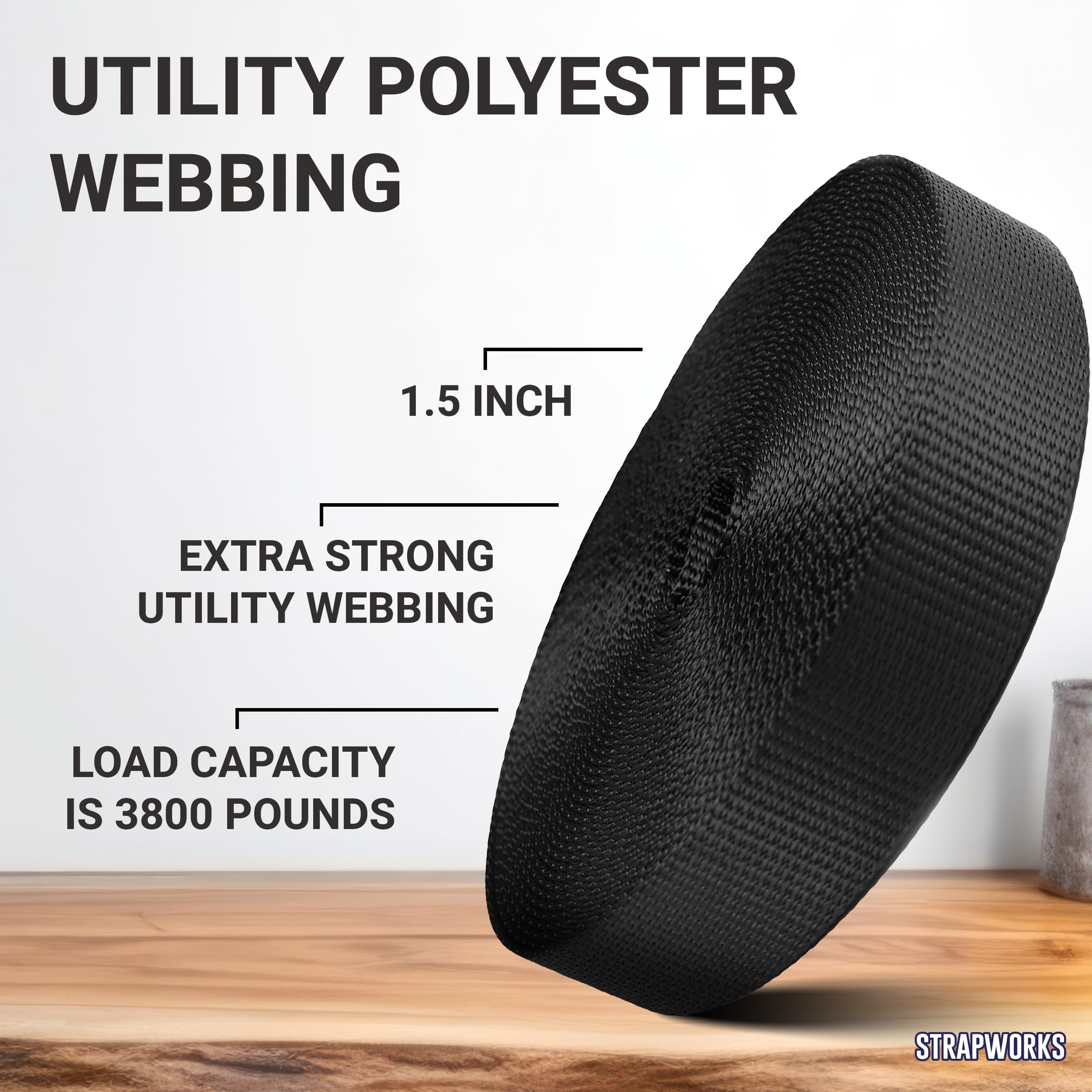 Strapworks heavy-duty polyester webbing in black, non-stretching for outdoor gear.