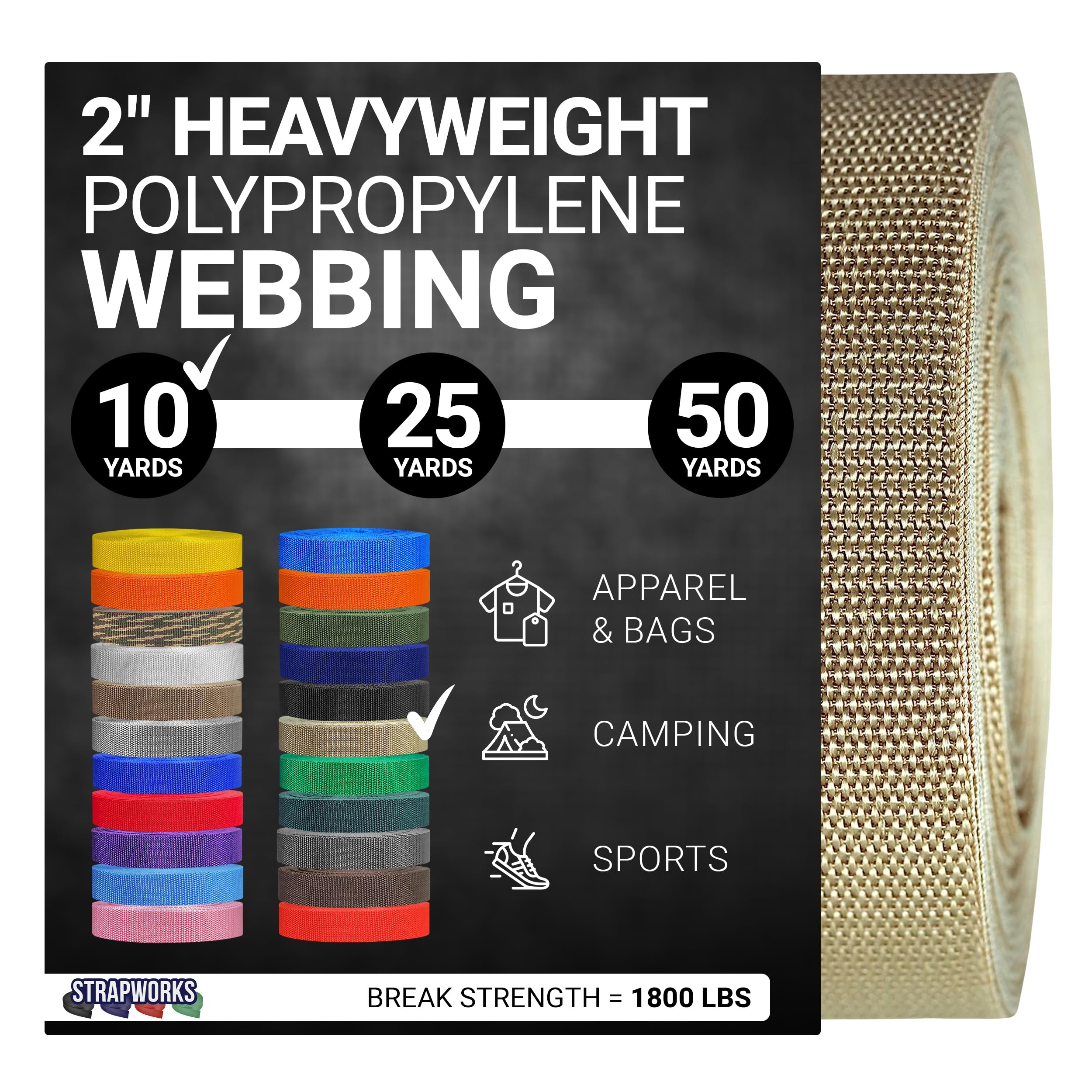 Strapworks heavyweight polypropylene webbing roll in khaki for outdoor tie-downs.