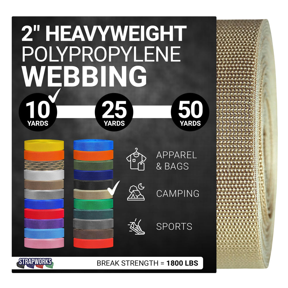 Strapworks heavyweight polypropylene webbing roll in khaki for outdoor tie-downs.