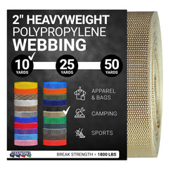 Strapworks heavyweight polypropylene webbing roll in khaki for outdoor tie-downs.