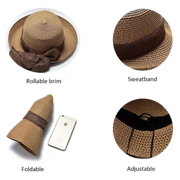 Foldable straw sun hat with bucket shape and strap
