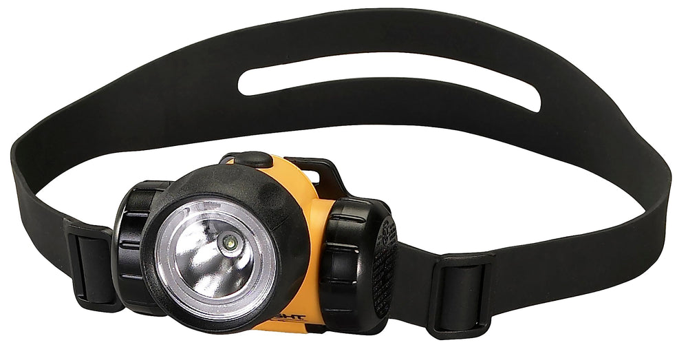 Streamlight 61200 headlamp worn on helmet for hazardous locations.