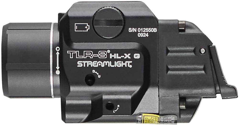 Front-left view of the tactical flashlight in black