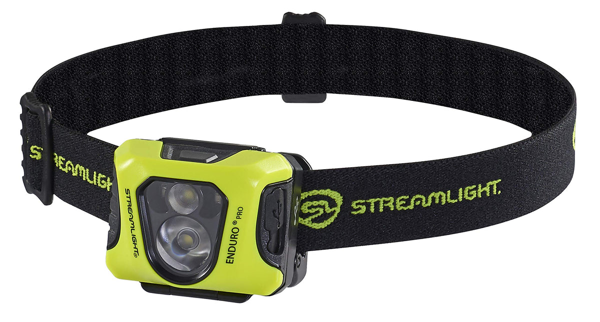 Streamlight Enduro Pro headlamp worn on elastic head strap for hands-free work