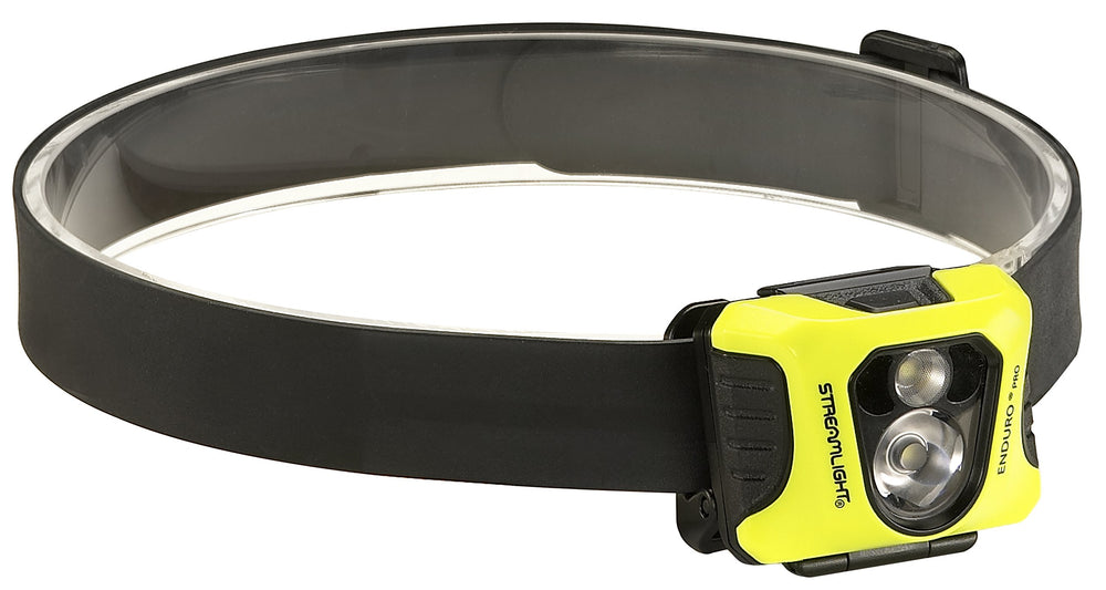 Streamlight Enduro Pro headlamp worn on a hard hat for hands-free visibility