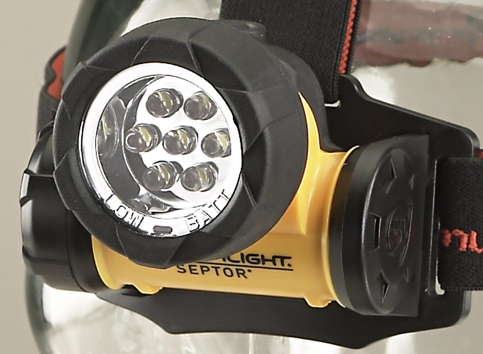 Septor headlamp tilted ninety degrees to illuminate distant tasks