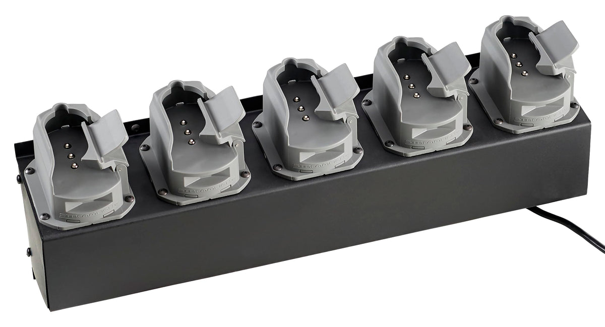 Streamlight Survivor X bank charger powering a 10-unit battery bank.