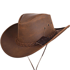 Strength Zones Leather Cowboy Hat front view, showcasing reddish leather for outdoor style.