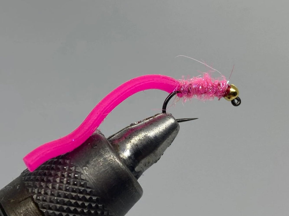 Strike Fly Company tungsten jig squirmy worm pink size 10 for catching trout with quick sink and visibility.