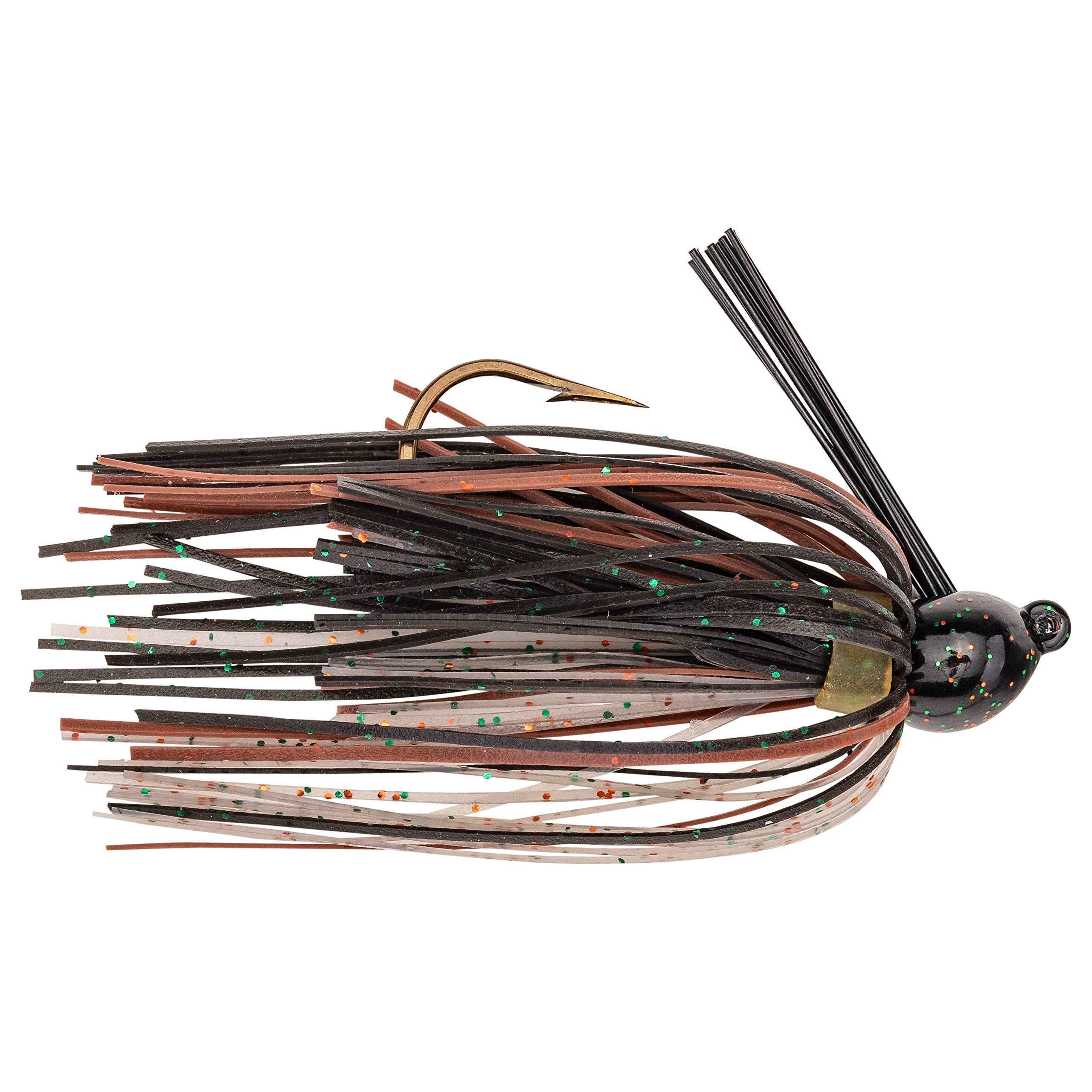 Strike King Bitsy Bug Camouflage jig with weedless head for snag-free fishing around rocks.