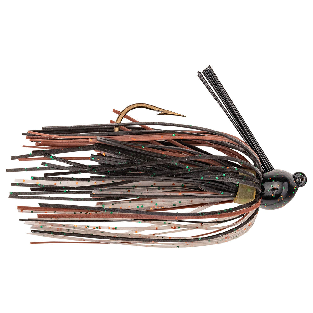 Strike King Bitsy Bug Camouflage jig with weedless head for snag-free fishing around rocks.