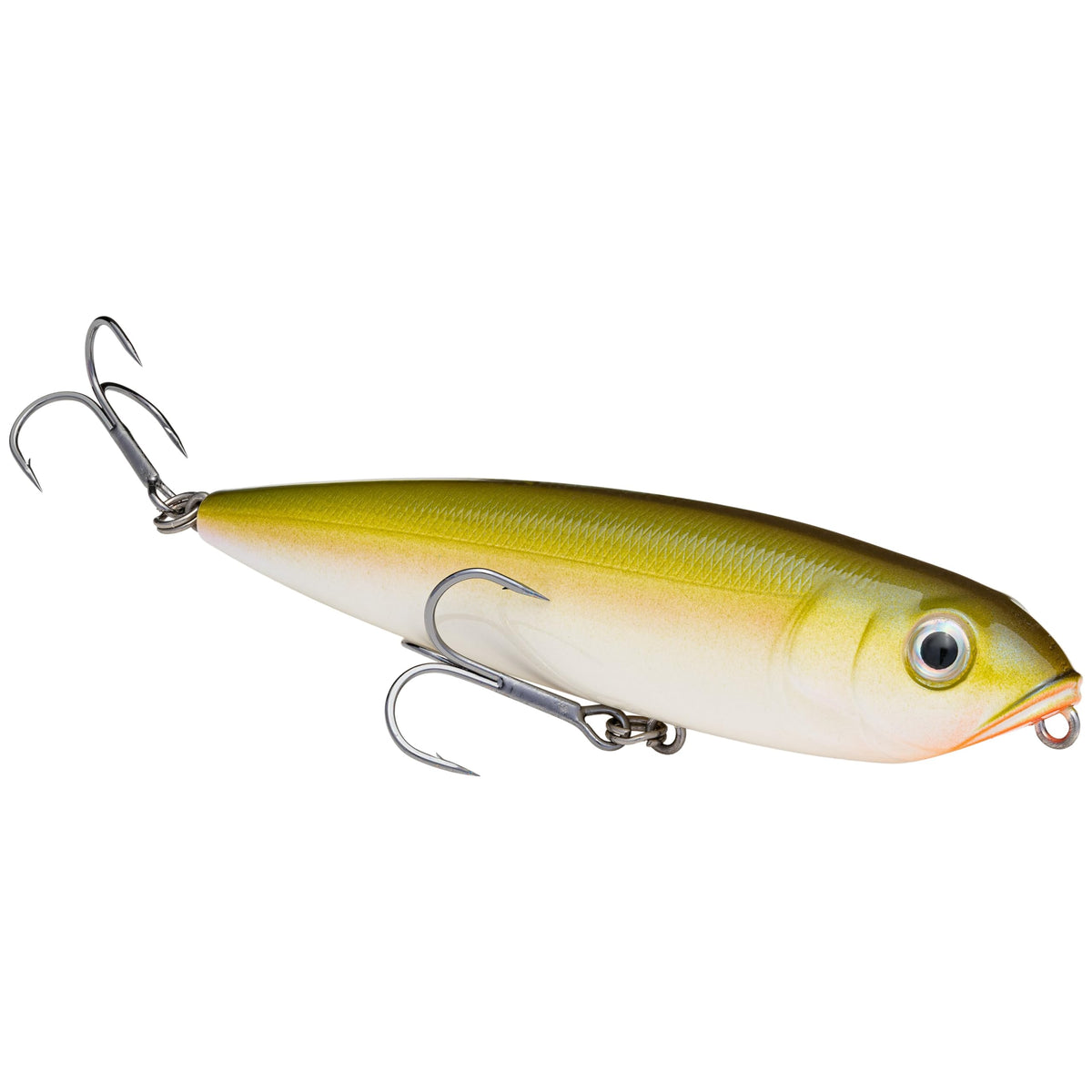 Strike King KVD Sexy Dawg Junior topwater lure with 3D eyes for lifelike action.