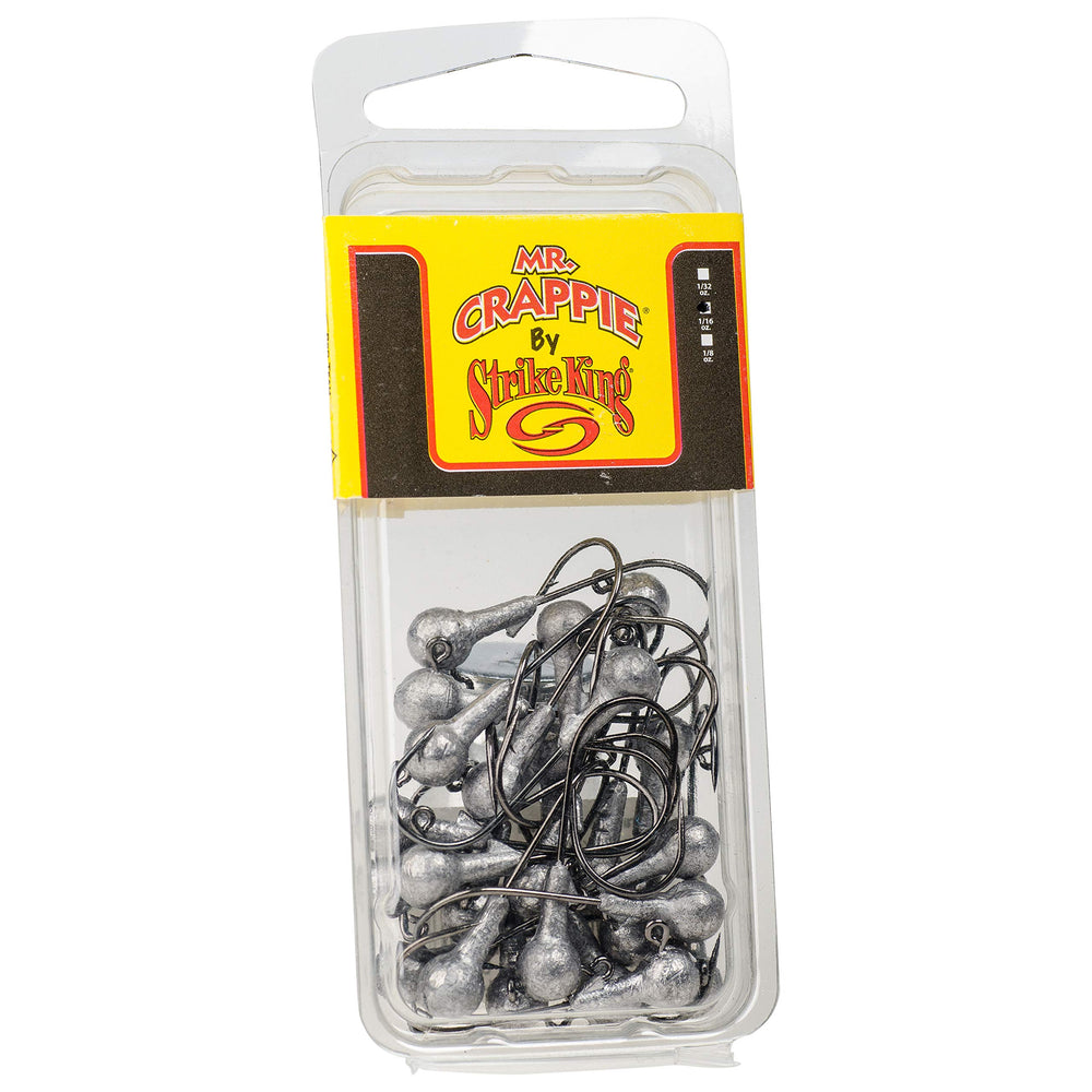 Strike King Mr. Crappie jig heads, unpainted 0.12 oz, ideal for precise vertical jigging.