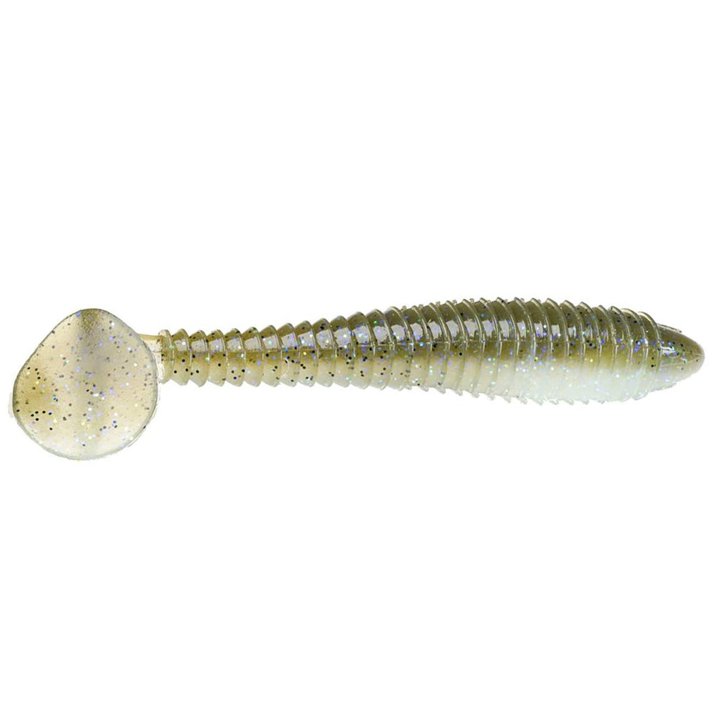 Strike King Rage Swimmer green pumpkin pearl belly boosts visibility for bass.
