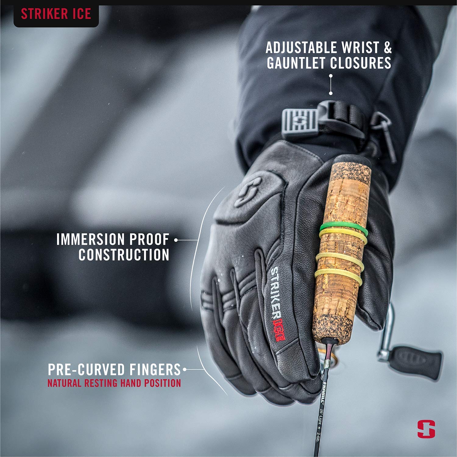 Striker Combat Glove pre-curved fingers enhance natural grip during ice fishing.