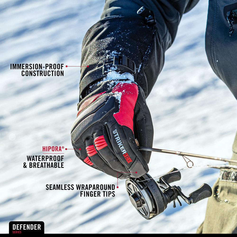 Striker Defender ice glove worn on hand demonstrates flexible movement and warmth on cold outings.