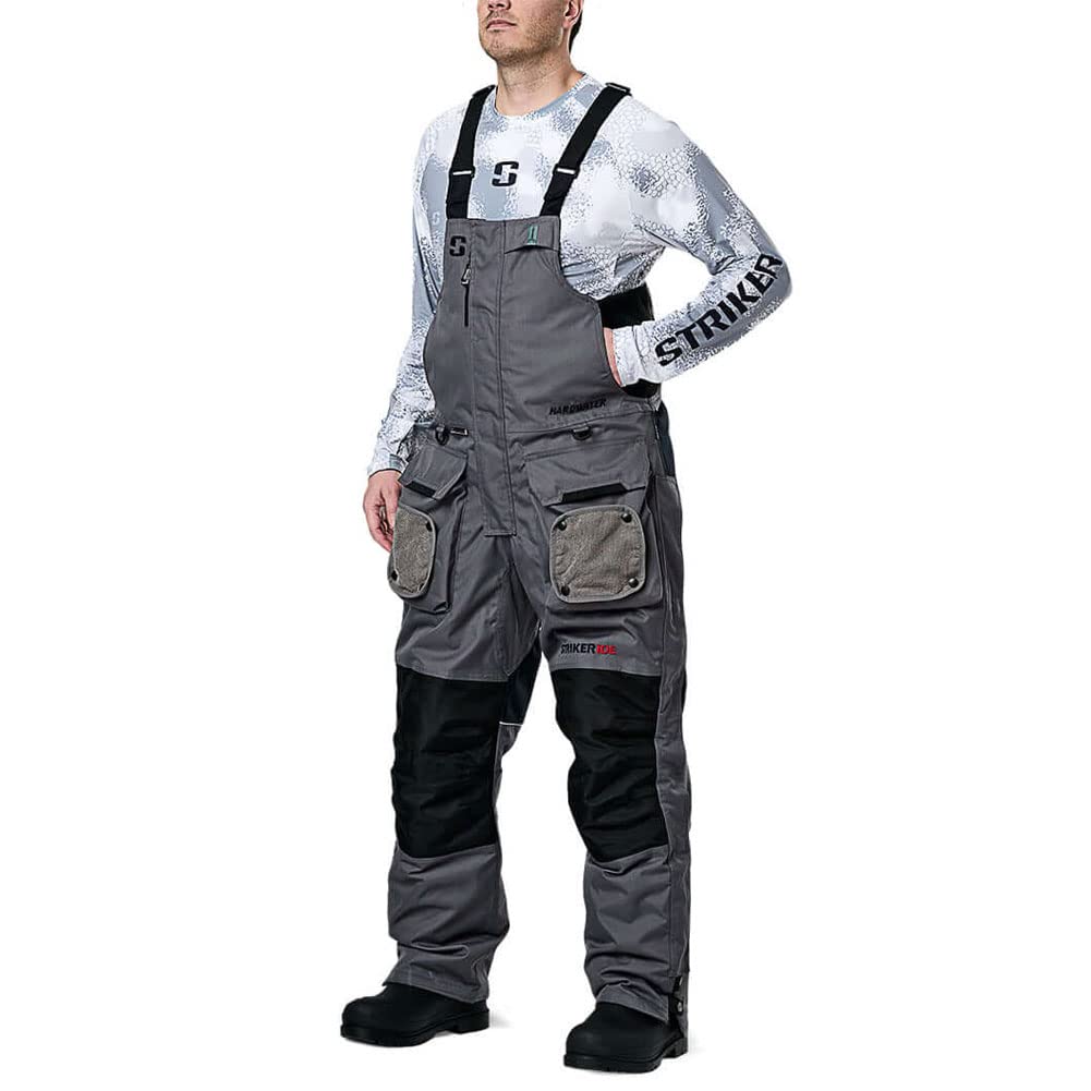 Striker Hardwater bib back view emphasizes Hydrapore waterproofing for wet conditions.