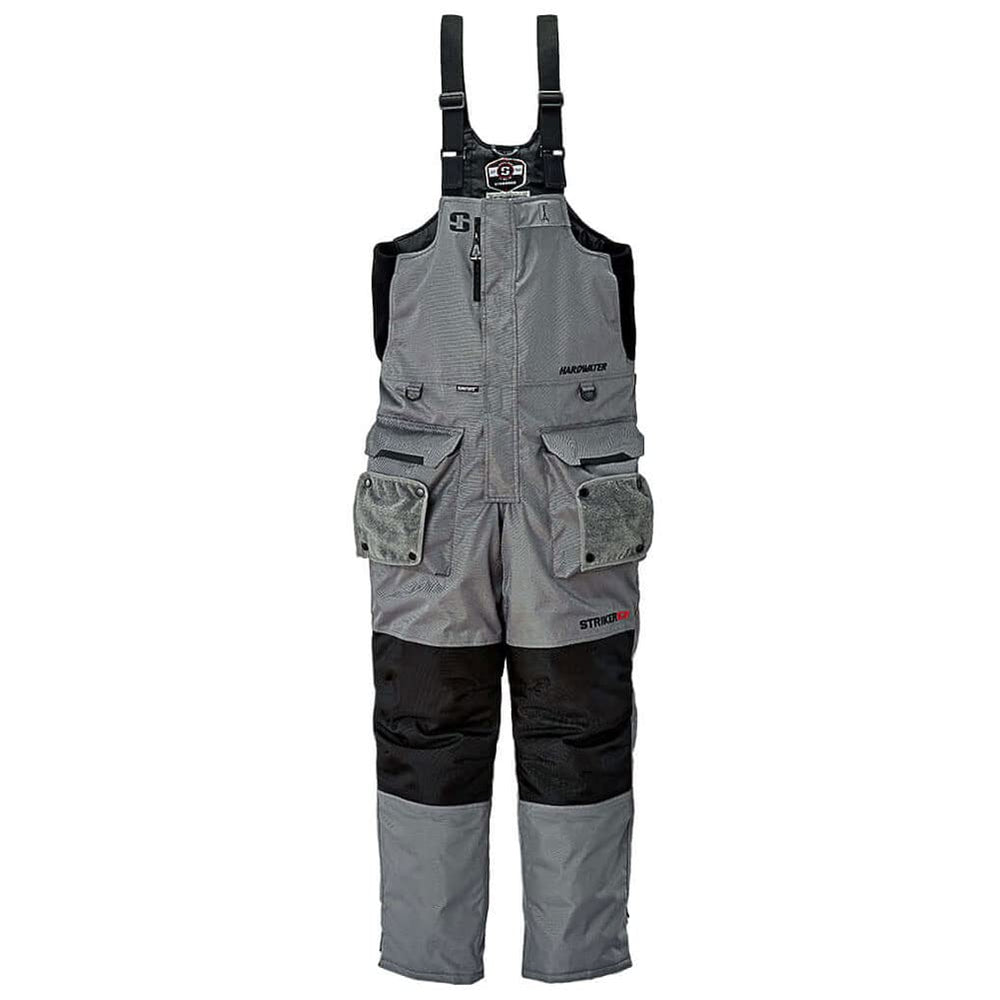 Striker Hardwater bib front view shows rugged windproof shell protecting you outdoors.