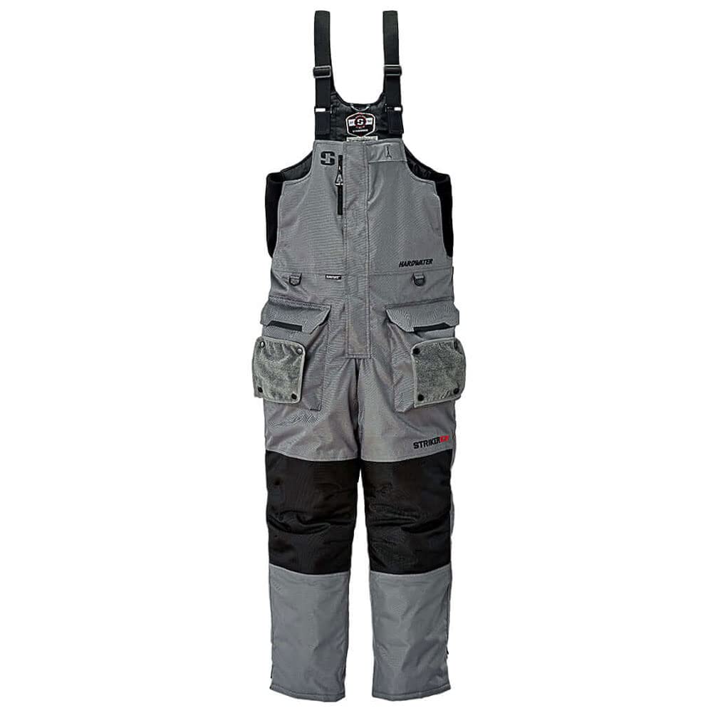 Front view of Striker Hardwater bib in gray and black, size 3X-Large